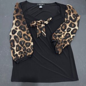 Chic Black Blouse with Leopard Print Sleeves